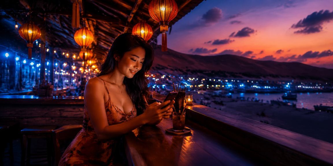Chợ đêm Mũi Né với người dùng mobile kiểm tra thông tin thanh toán giải trí